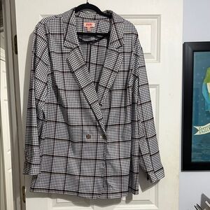 EVRI Black and White Plaid Double-Breasted Blazer